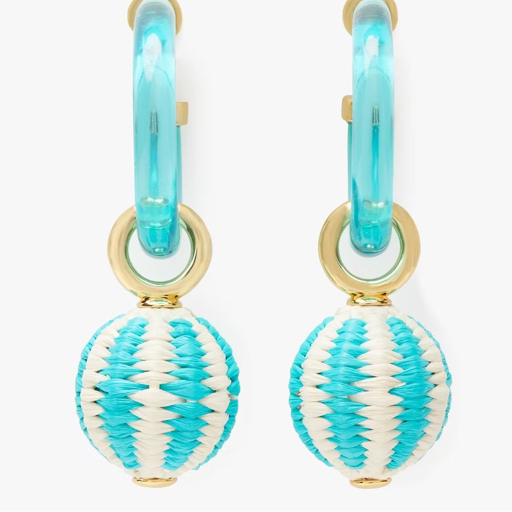 New Kate Spade FEELING BUBBLY RAFFIA CHARM HOOPS
Color: Aqua Multi